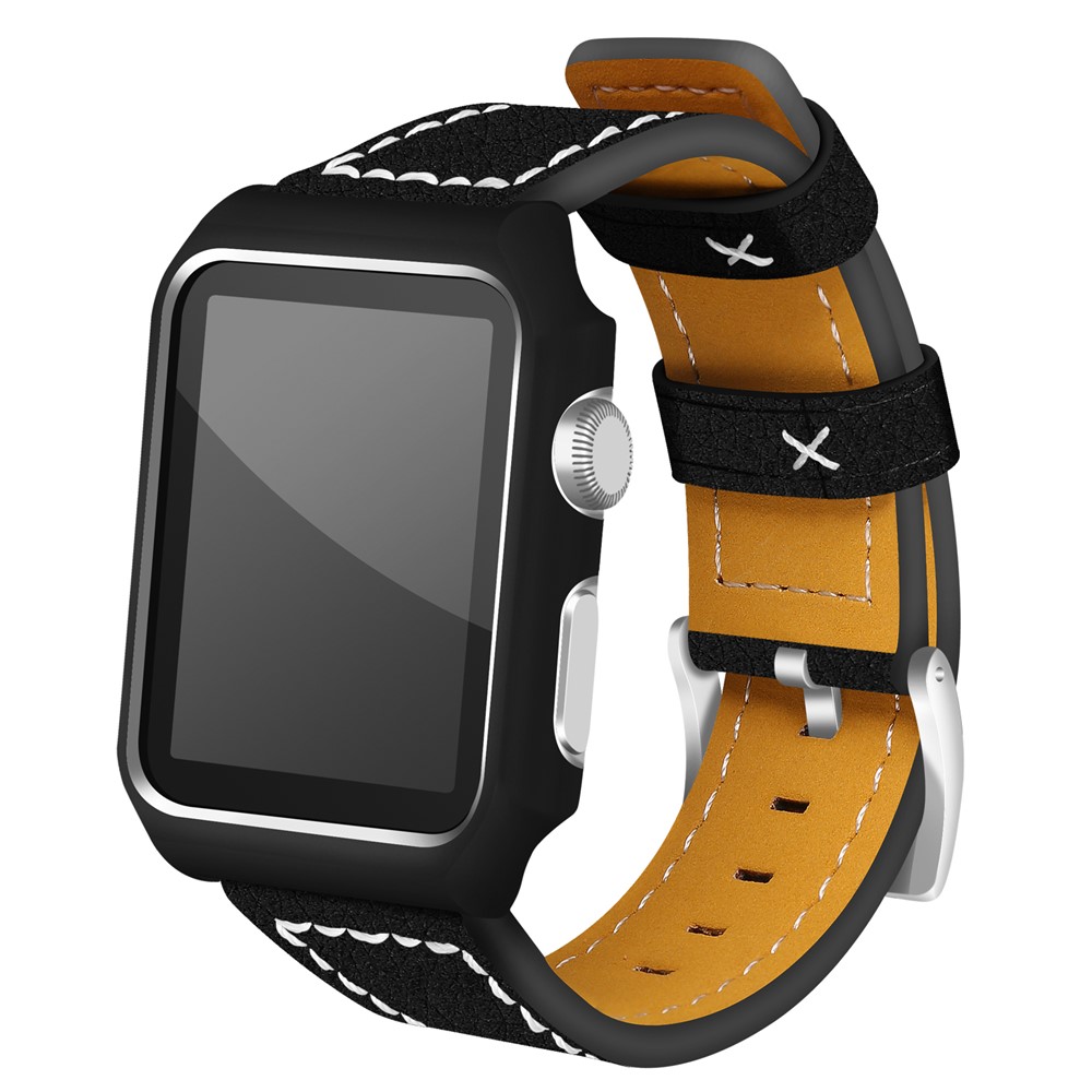 Genuine Leather Stainless Steel Buckle Watch Band for Apple Watch Series 3 / 2 / 1 38mm - Black-2