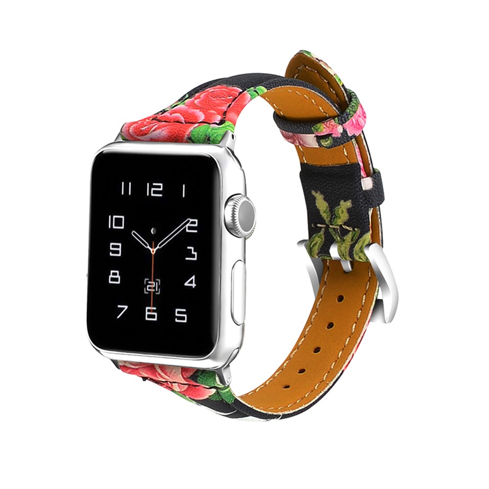 Pulsera De Cuero Genuino Con Estampado De Flores Para Apple Watch Series 5 4 40mm / Serie 3 2 1 38 Mm - Estilo A-2