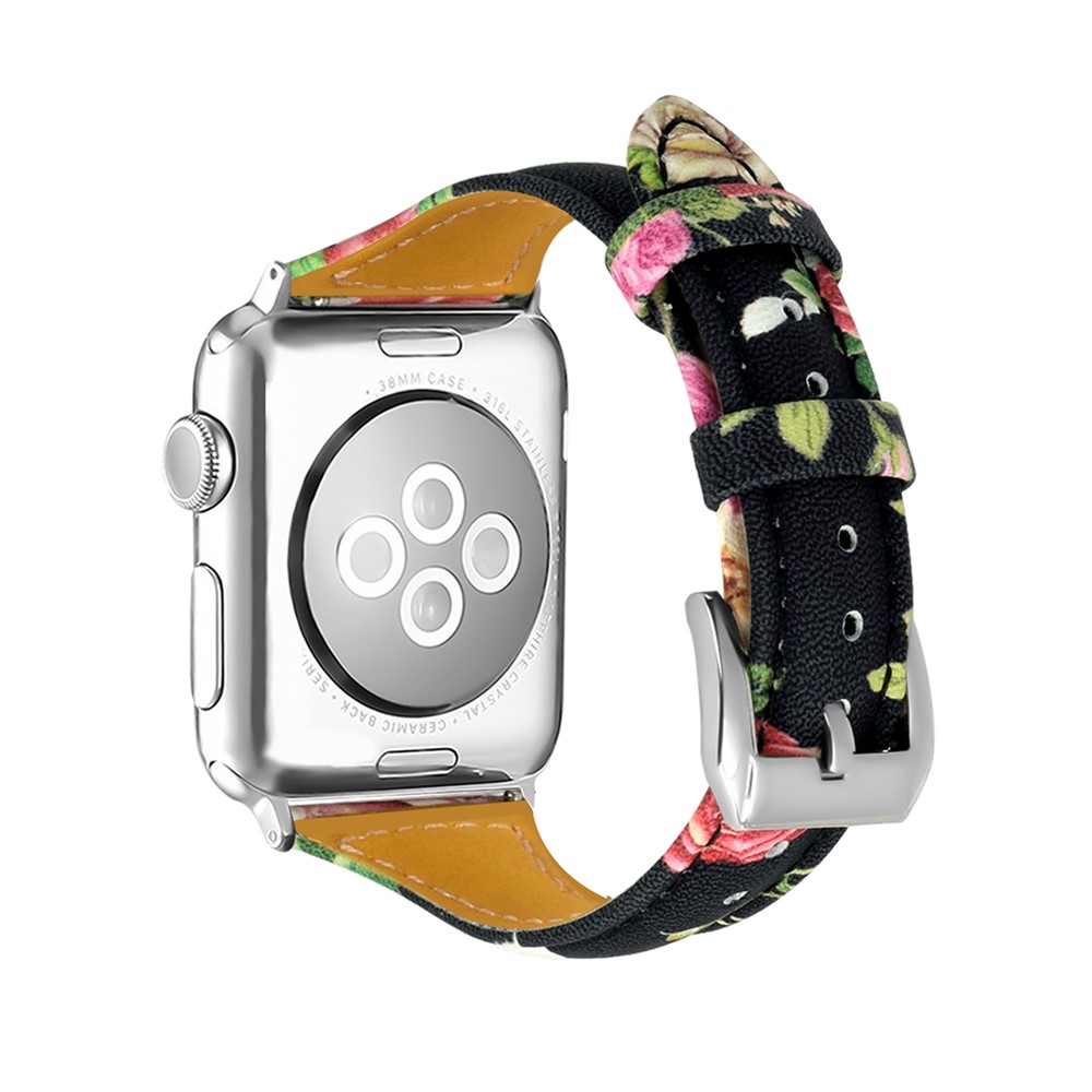 Pulsera De Cuero Genuino Con Estampado De Flores Para Apple Watch Series 5 4 40mm / Serie 3 2 1 38 Mm - Estilo A-3