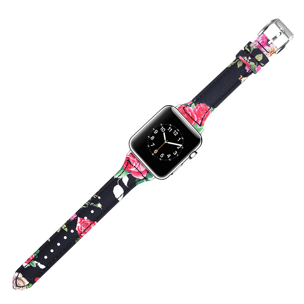 Pulsera De Cuero Genuino Con Estampado De Flores Para Apple Watch Series 5 4 40mm / Serie 3 2 1 38 Mm - Estilo A-4