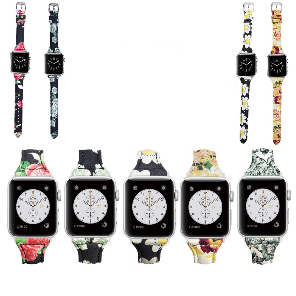 Pulsera De Cuero Genuino Con Estampado De Flores Para Apple Watch Series 5 4 40mm / Serie 3 2 1 38 Mm - Estilo A-6