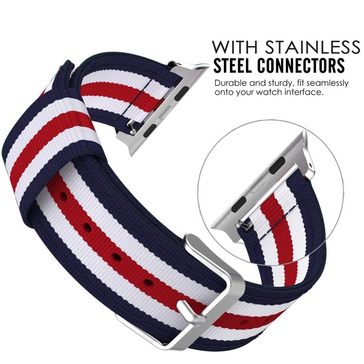 Metal Buckle Woven Nylon Watchband Wristband for Apple Watch Series 4 44mm, Series 3 / 2 / 1 42mm - Blue / White / Red Five Stripes-4
