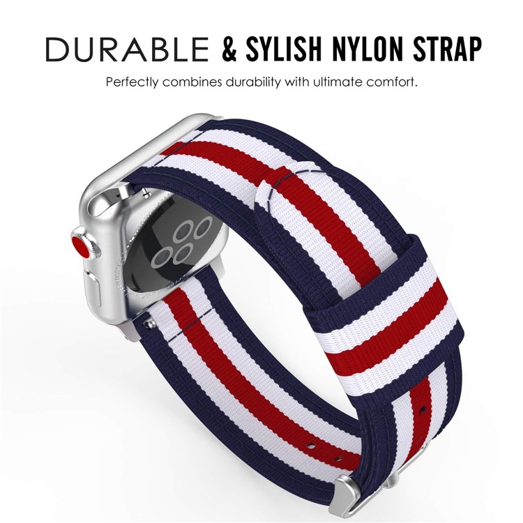 Metal Buckle Woven Nylon Watchband Wristband for Apple Watch Series 4 44mm, Series 3 / 2 / 1 42mm - Blue / White / Red Five Stripes-5