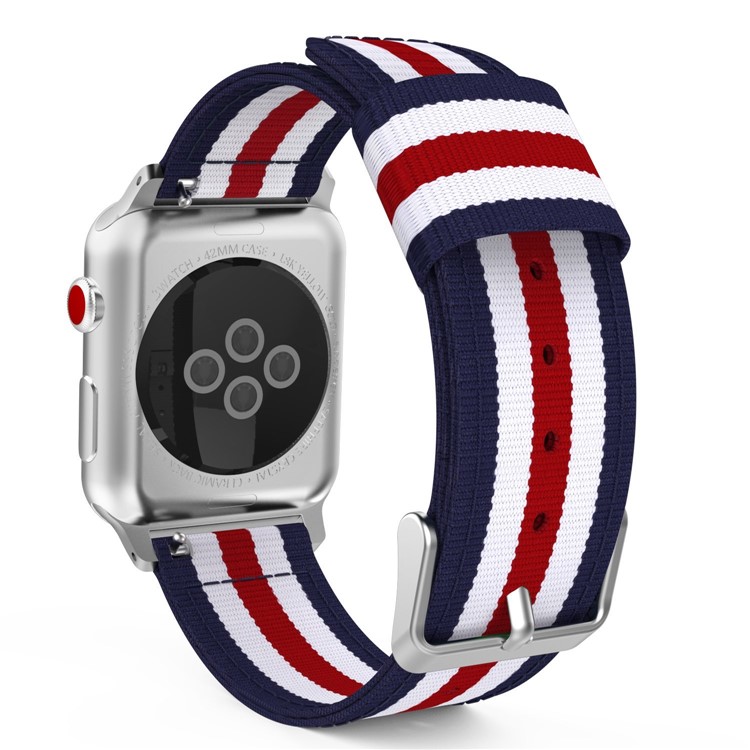 Metal Buckle Woven Nylon Watchband Wristband for Apple Watch Series 4 44mm, Series 3 / 2 / 1 42mm - Blue / White / Red Five Stripes-6