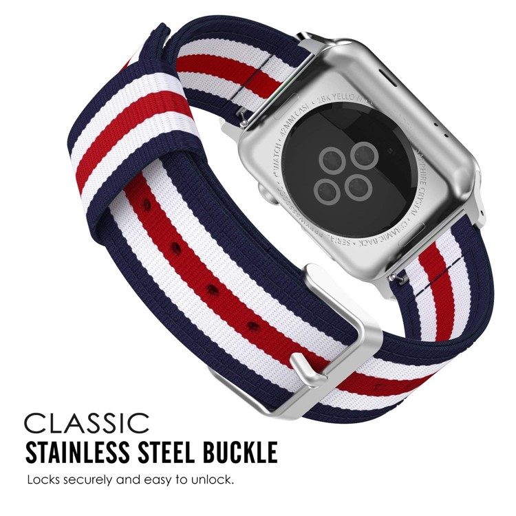 Metal Buckle Woven Nylon Watchband Wristband for Apple Watch Series 4 44mm, Series 3 / 2 / 1 42mm - Blue / White / Red Five Stripes-7