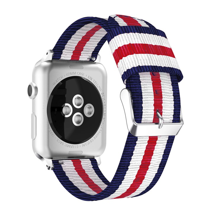 Metal Buckle Woven Nylon Watchband Wristband for Apple Watch Series 4 44mm, Series 3 / 2 / 1 42mm - Blue / White / Red Five Stripes-9