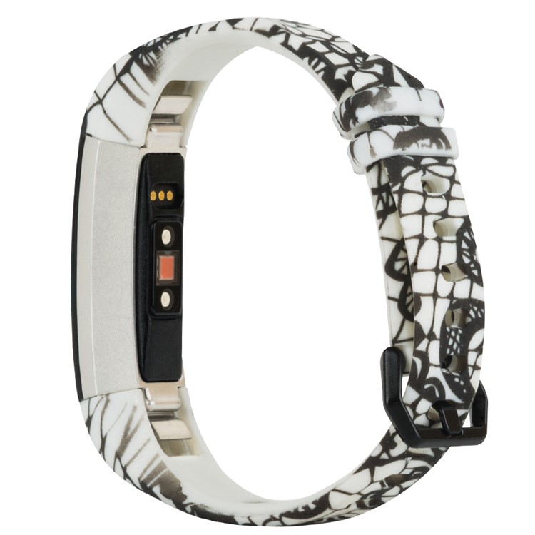 Patterned TPE+TPU Watch Strap for Fitbit Alta HR, Size: L - Black Flower-2