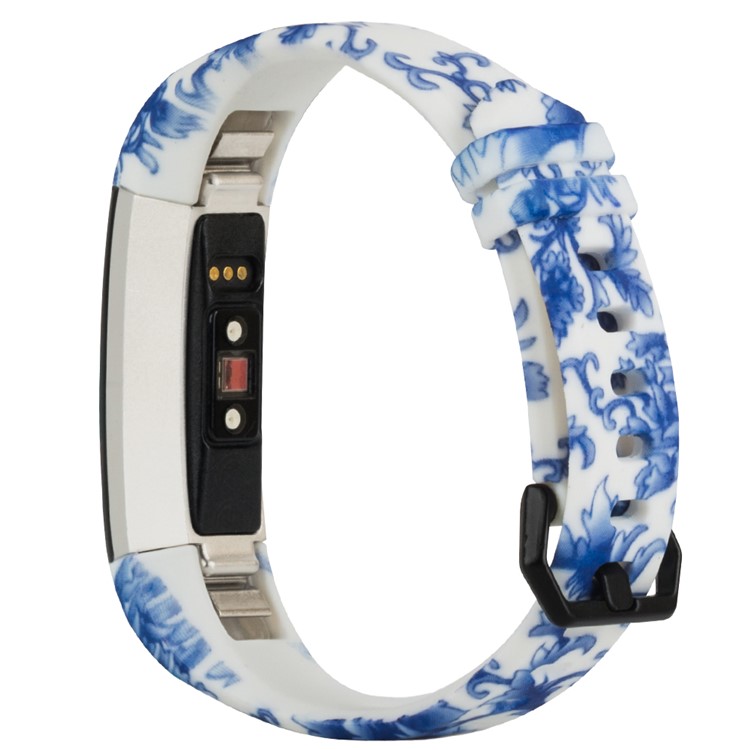 Pattern Printing TPE+TPU Watch Strap Replacement for Fitbit Alta HR, Size: L - Blue Flower-2