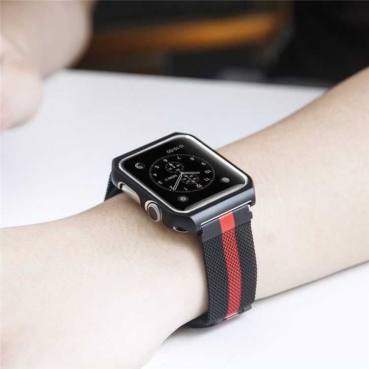 Milanese Stainless Steel Magnetic Watch Strap Replacement with Protective Frame for Apple Watch Series 3/2/1 42mm - Red / Black Frame-2