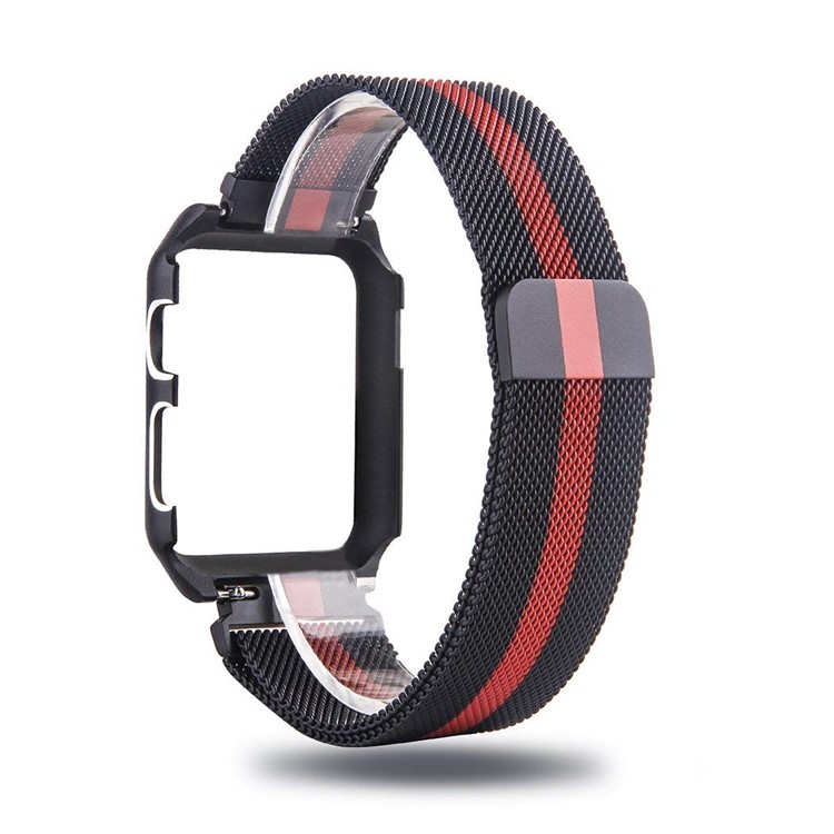 Milanese Stainless Steel Magnetic Watch Strap Replacement with Protective Frame for Apple Watch Series 3/2/1 42mm - Red / Black Frame-3