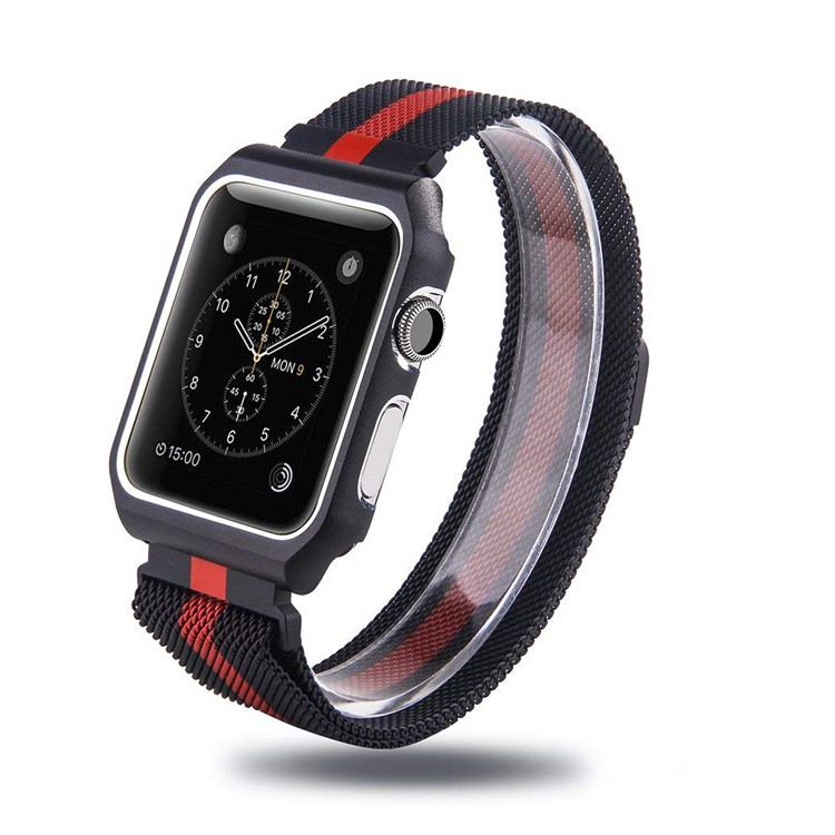 Milanese Stainless Steel Magnetic Watch Strap Replacement with Protective Frame for Apple Watch Series 3/2/1 42mm - Red / Black Frame-4