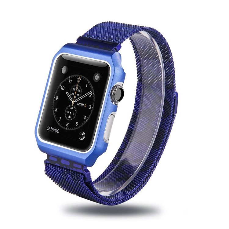 Milanese Stainless Steel Magnetic Wristwatch Band Replacement with Protective Frame for Apple Watch Series 3/2/1 42mm - Camouflage Blue-2