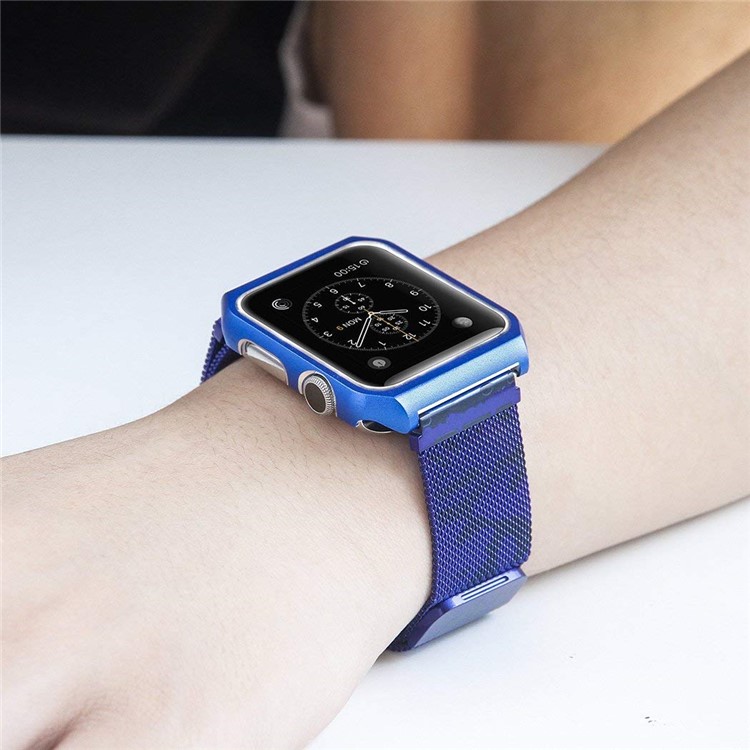 Milanese Stainless Steel Magnetic Wristwatch Band Replacement with Protective Frame for Apple Watch Series 3/2/1 42mm - Camouflage Blue-5