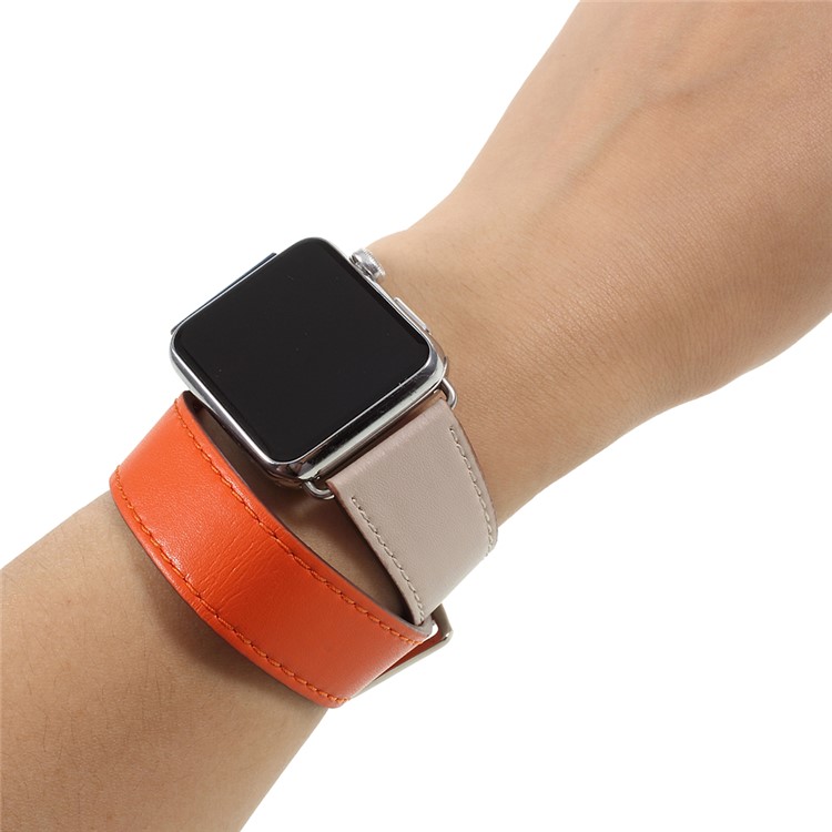 Genuine Leather Double Tour Watch Strap for Apple Watch Series 4 44mm, Series 3 / 2 / 1 42mm - Orange-4