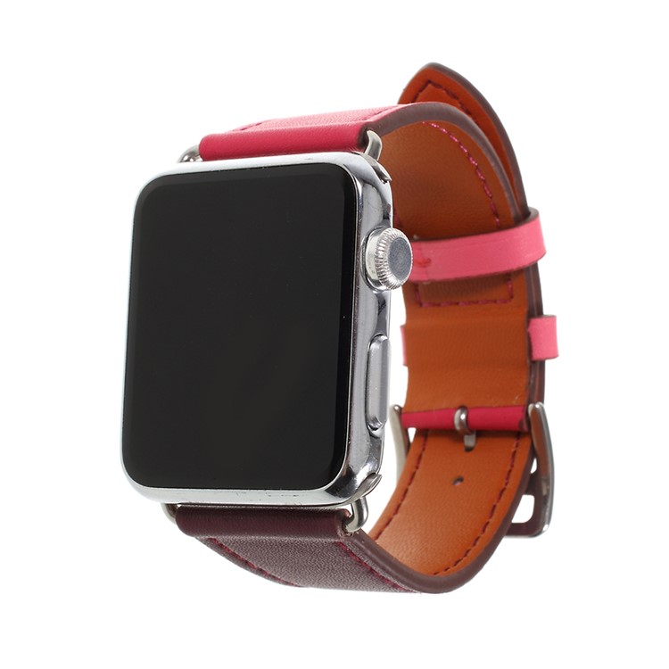 Contrast Color Genuine Leather Watch Wrist Strap for Apple Watch Series 4 44mm, Series 3 / 2 / 1 42mm - Rose / Wine Red-5