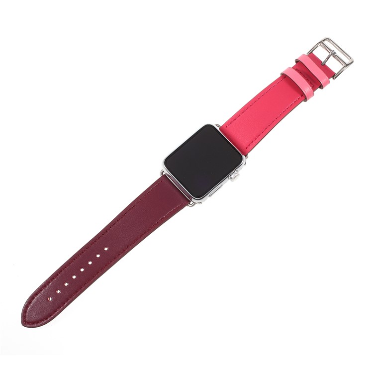 Contrast Color Genuine Leather Watch Wrist Strap for Apple Watch Series 4 44mm, Series 3 / 2 / 1 42mm - Rose / Wine Red-6