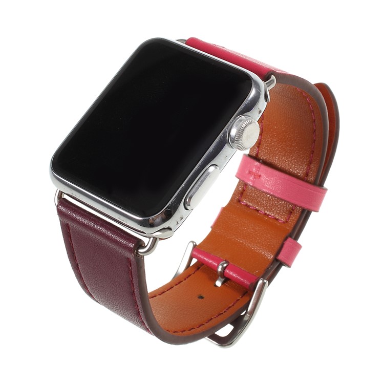 Contrast Color Genuine Leather Watch Band for Apple Watch Series 4 40mm, Series 3 / 2 / 1 38mm - Rose / Wine Red-2