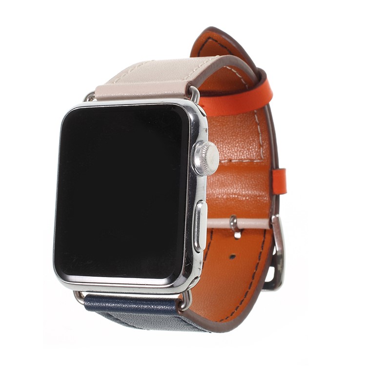 Contrast Color Genuine Leather Watch Strap for Apple Watch Series 4 40mm, Series 3 / 2 / 1 38mm - Beige / Dark Blue-1