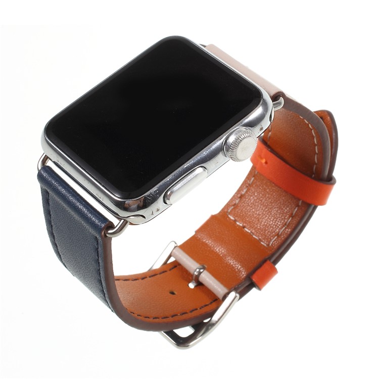 Contrast Color Genuine Leather Watch Strap for Apple Watch Series 4 40mm, Series 3 / 2 / 1 38mm - Beige / Dark Blue-2