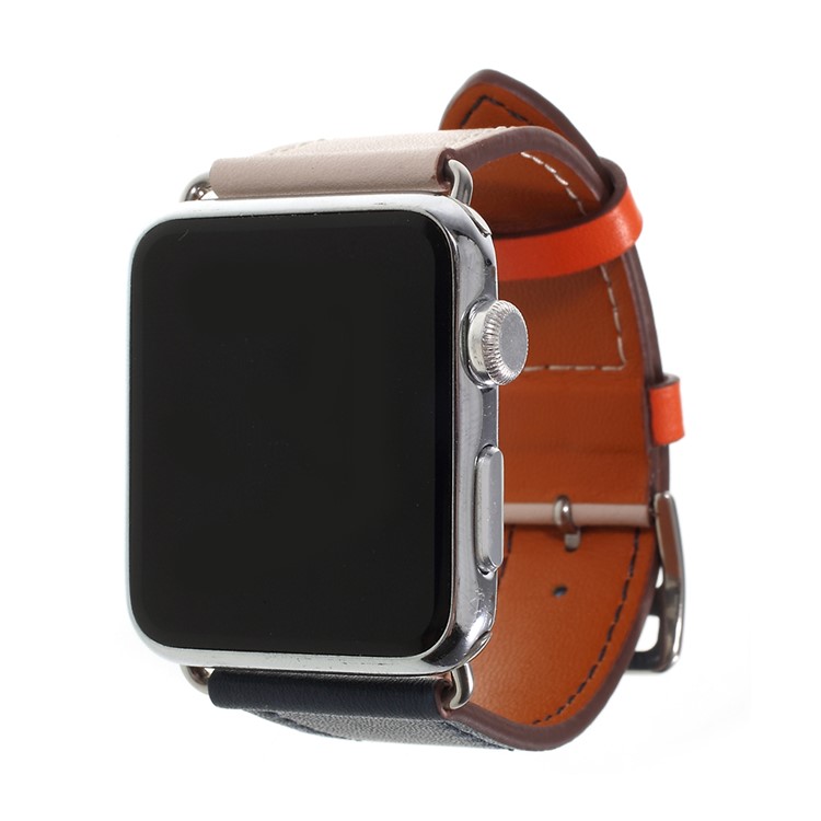 Contrast Color Genuine Leather Watch Strap for Apple Watch Series 4 40mm, Series 3 / 2 / 1 38mm - Beige / Dark Blue-4