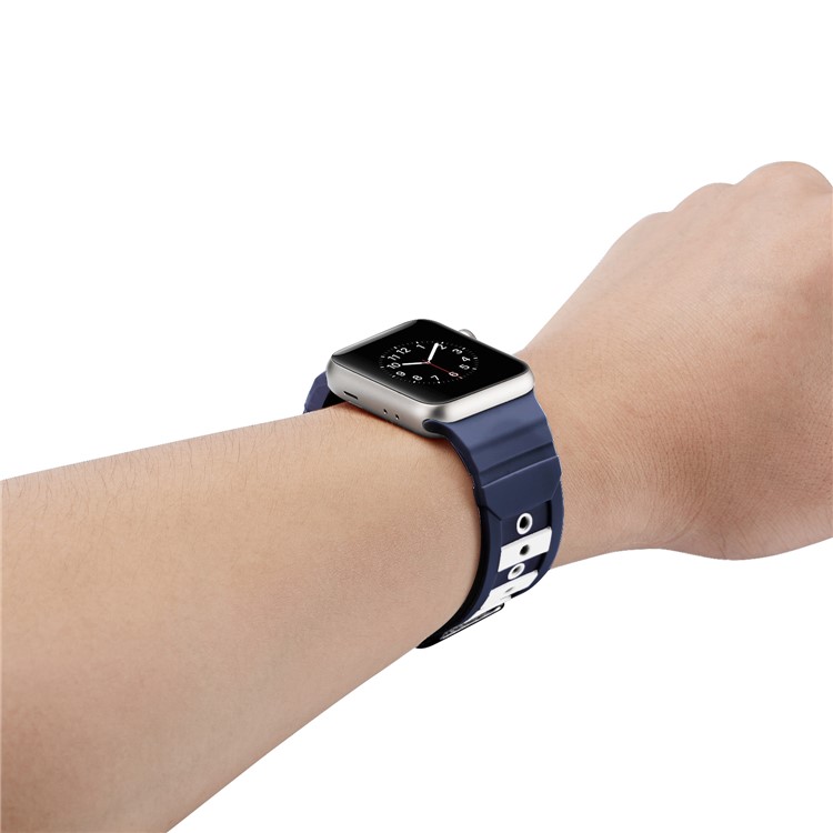For Apple Watch Series 4 44mm / Series 3 2 1 42mm Dual-color Concavo-convex Silicone Flexible Wristwatch Band Strap - Blue / White-5