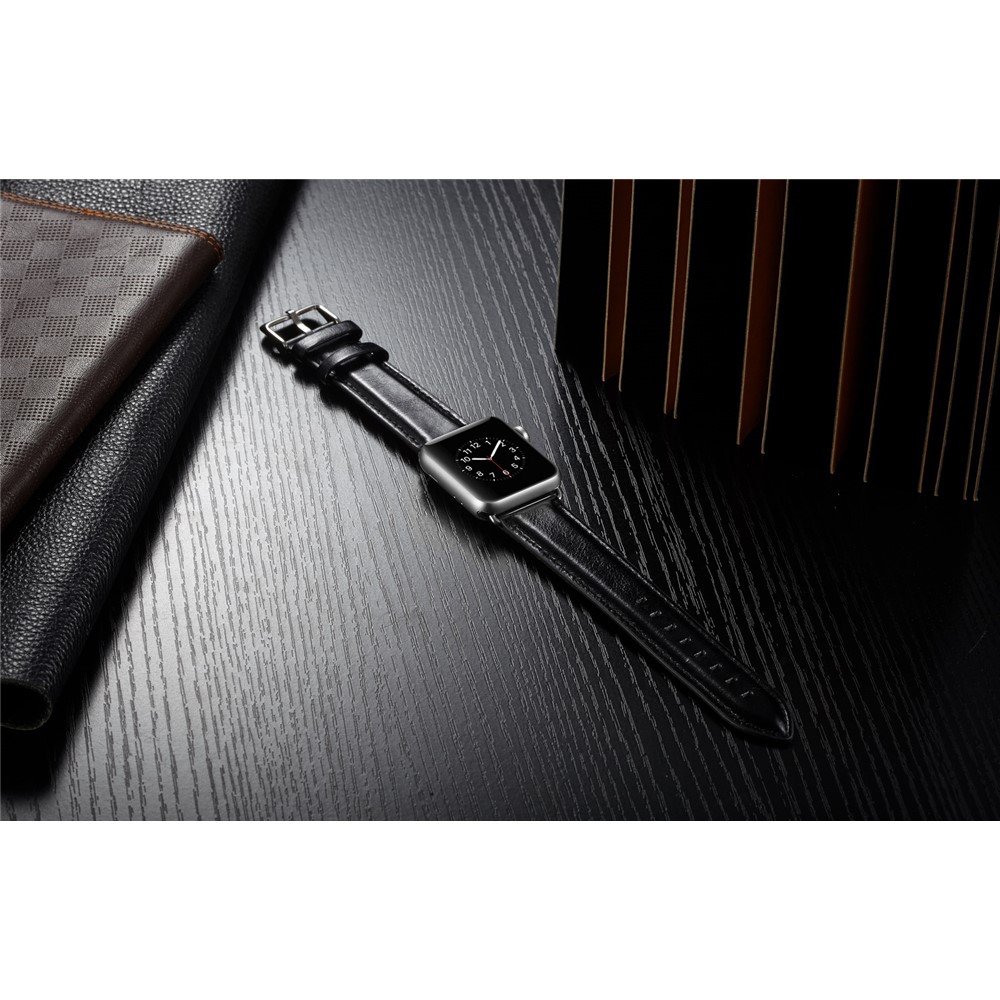 Couche Supérieure Bande De Montre En Cuir De Vachette Texture Cheval Fou Pour Montre De Pomme Série 4 44 Mm, Série 3 / 2 / 1 42mm - Noir-7