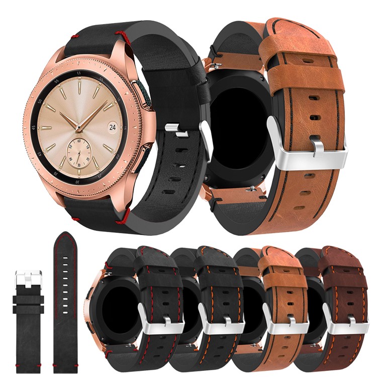 Genuine Leather Smart Watch Band for Samsung Galaxy Watch 42mm - Black / Red String-6