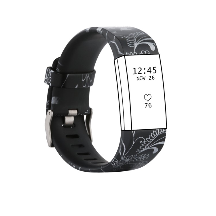 Pattern Printing Watch Band Replacement for Fitbit Charge 2, Size: S - Black Flower-1
