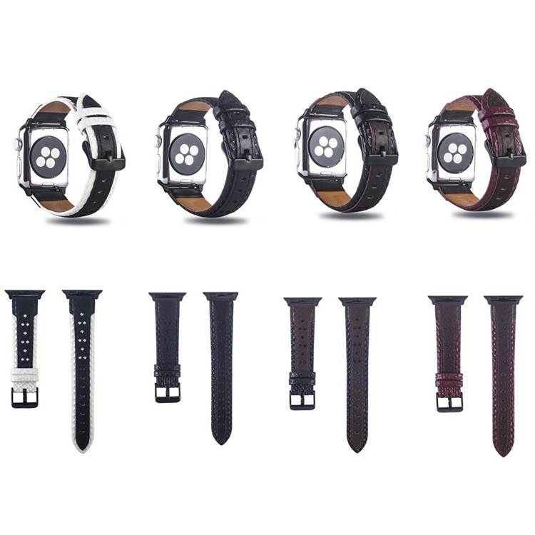 Grid Pattern Genuine Leather Watch Band for Apple Watch Series 4 40mm, Series 3 / 2 / 1 38mm - Black / White-5