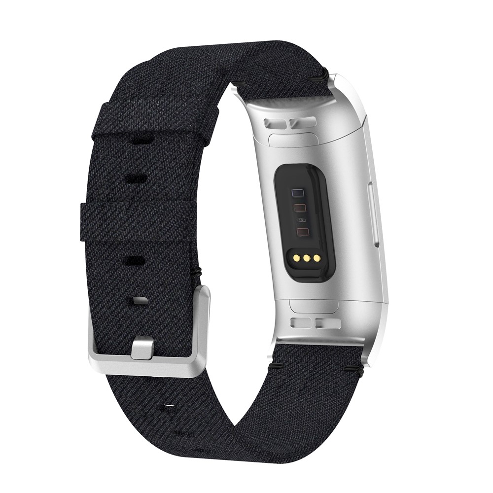 Breathable Canvas Watch Band with Metal Connector for Fitbit Charge 3 - Black-1