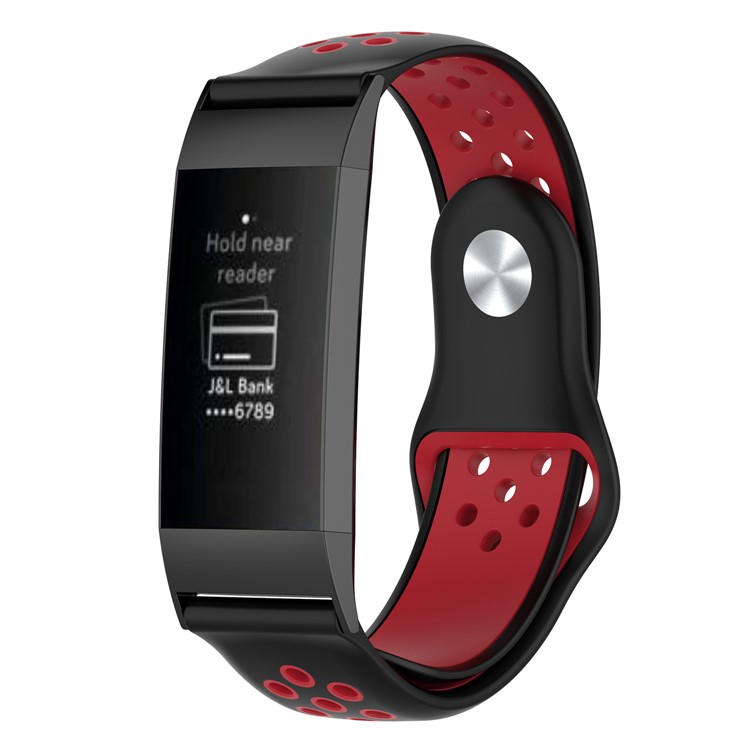 Bi-color Silicone Watch Strap Replacement with Stainless Connector for Fitbit Charge 3 - Black / Red-1