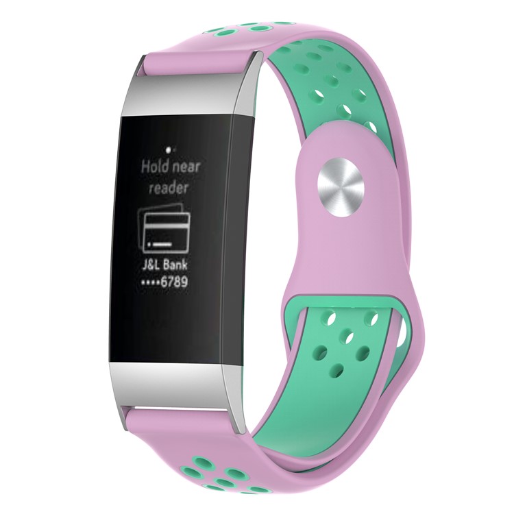Bi-color Flexible Silicone Watch Band with Stainless Connector for Fitbit Charge 3 - Pink / Cyan-1