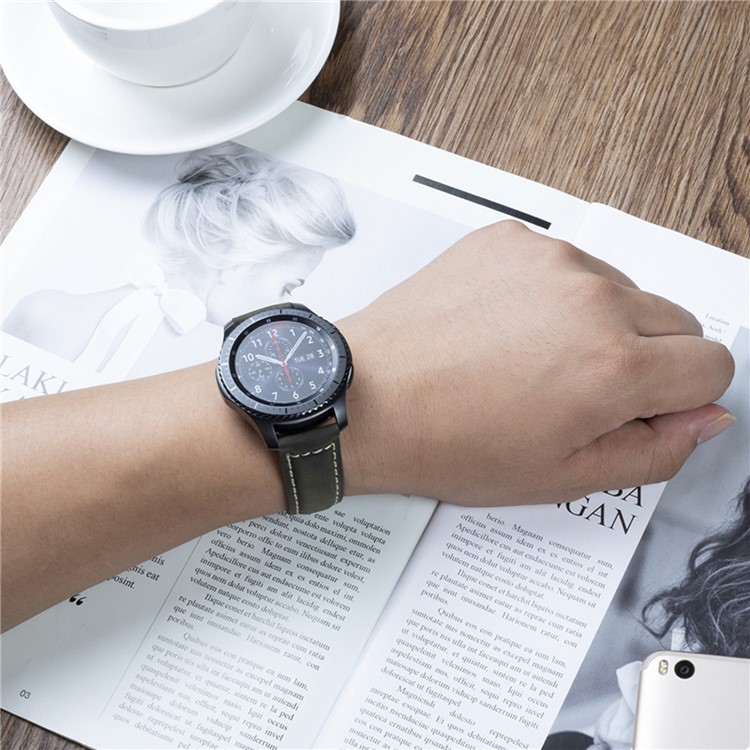 22mm Bracelet De Montre En Cuir De Vachette Universel Pour Samsung Gear S3 Classique / Frontière Etc. - Mat / Armée Verte-4