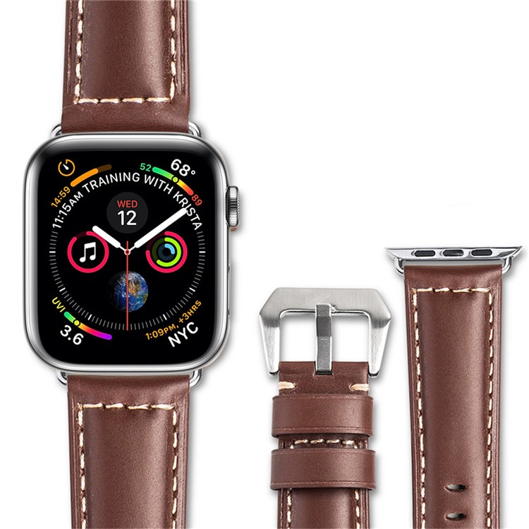 QIALINO Top Layer Cowhide Leather Watch Band Replacement for Apple Watch Series 4 44mm, Series 3 / 2 / 1 42mm - Brown-2