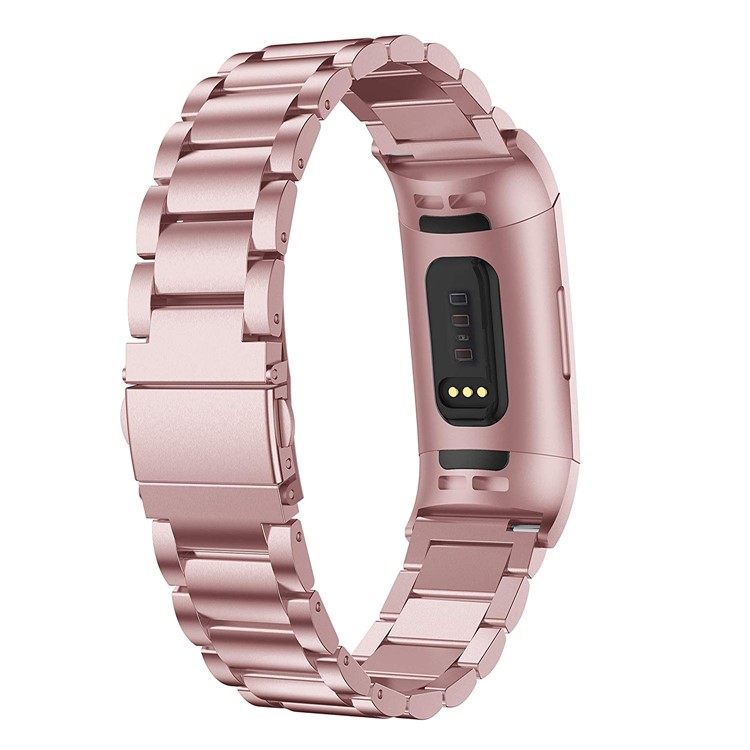 Stainless Steel Three Beads Watch Wrist Band Strap for Fitbit Charge 3 - Rose Gold-2
