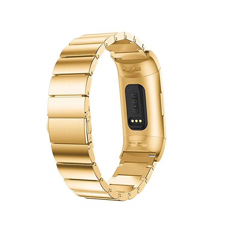 Classic Metal Watch Strap Replacement with Folding Clasp for Fitbit Charge 3 - Gold-2