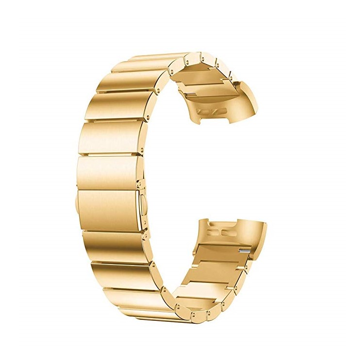 Classic Metal Watch Strap Replacement with Folding Clasp for Fitbit Charge 3 - Gold-3