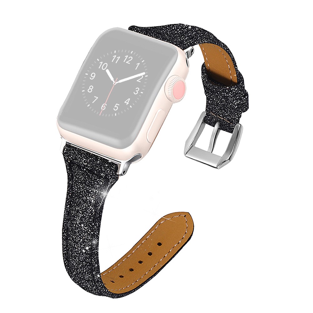 Glitter Powder Texture Genuine Leather Watch Strap Replacement for Apple Watch Series 4 40mm, Series 3 / 2 / 1 38mm - Black-1
