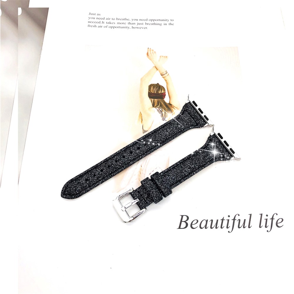 Glitter Powder Texture Genuine Leather Watch Strap Replacement for Apple Watch Series 4 40mm, Series 3 / 2 / 1 38mm - Black-2