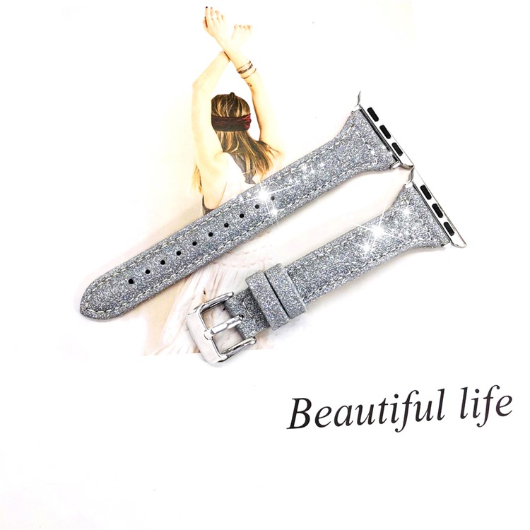 Glitter Powder Texture Genuine Leather Watch Band Replacement for Apple Watch Series 4 40mm, Series 3 / 2 / 1 38mm - Silver-2