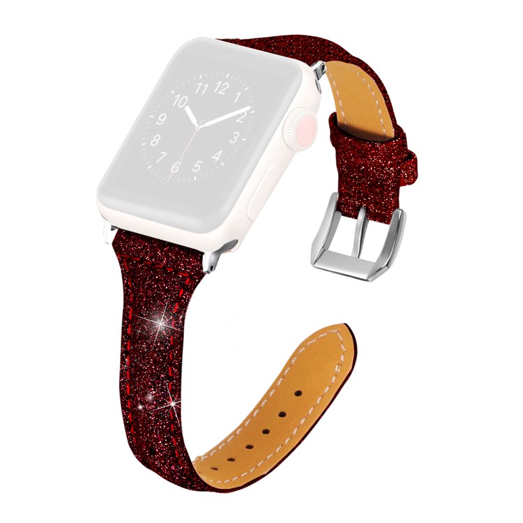 Glitter Powder Texture Genuine Leather Watch Strap Band for Apple Watch Series 4 40mm, Series 3 / 2 / 1 38mm - Red-1