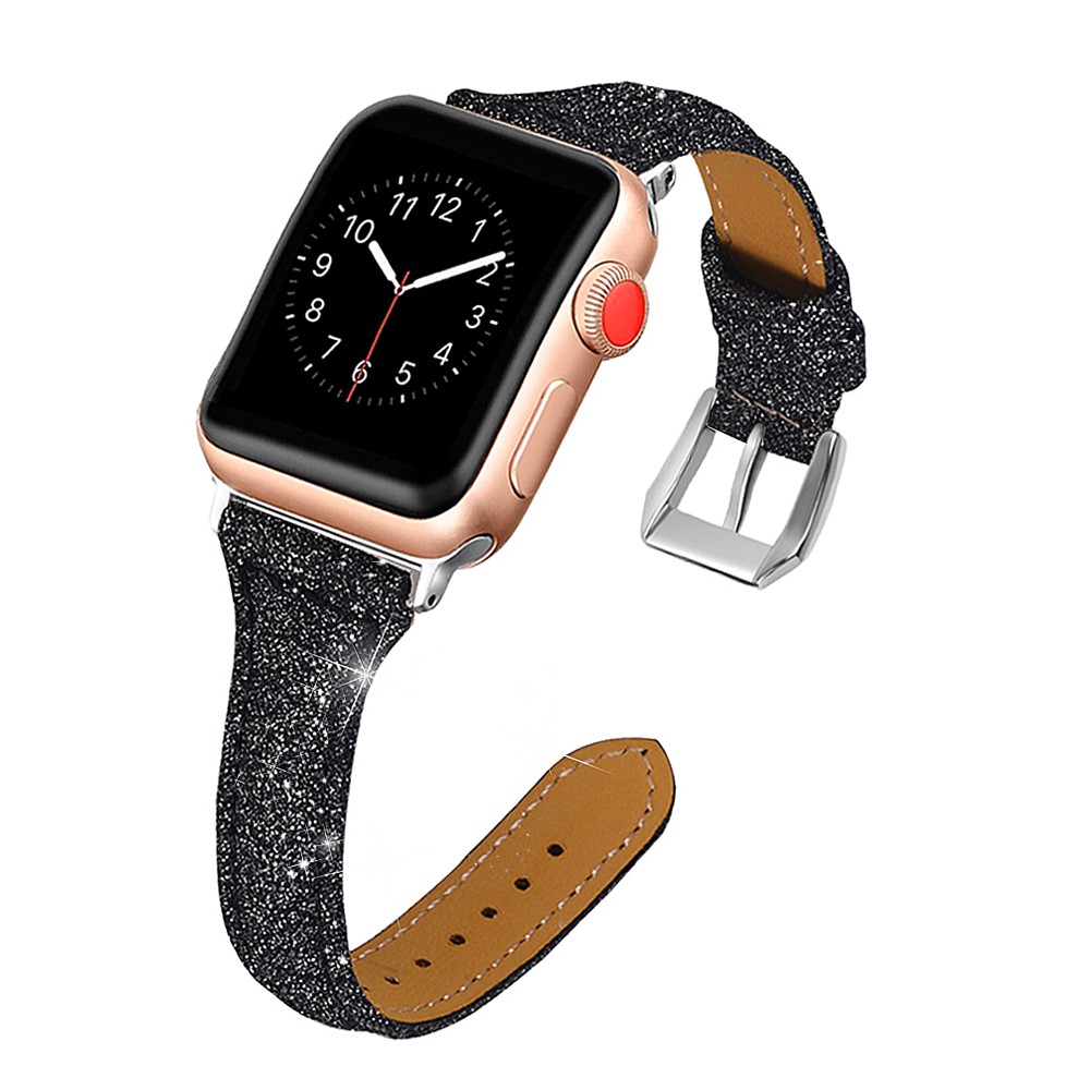 Glitter Powder Texture Genuine Leather Watch Strap Replacement for Apple Watch Series 4 44mm / Series 3 / 2 / 1 42mm - Black-2