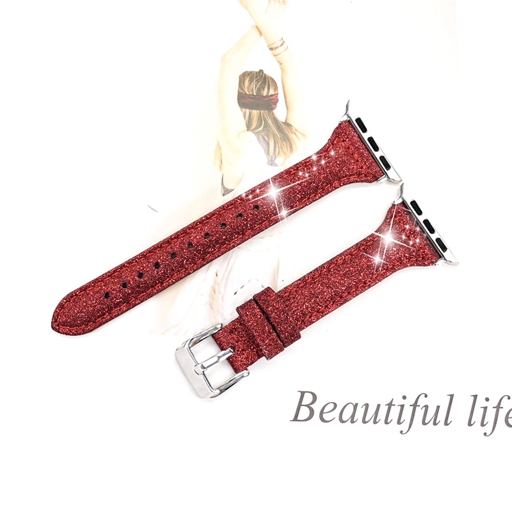 Glitter Powder Texture Genuine Leather Watch Strap Band for Apple Watch Series 4 44mm / Series 3 / 2 / 1 42mm - Red-1