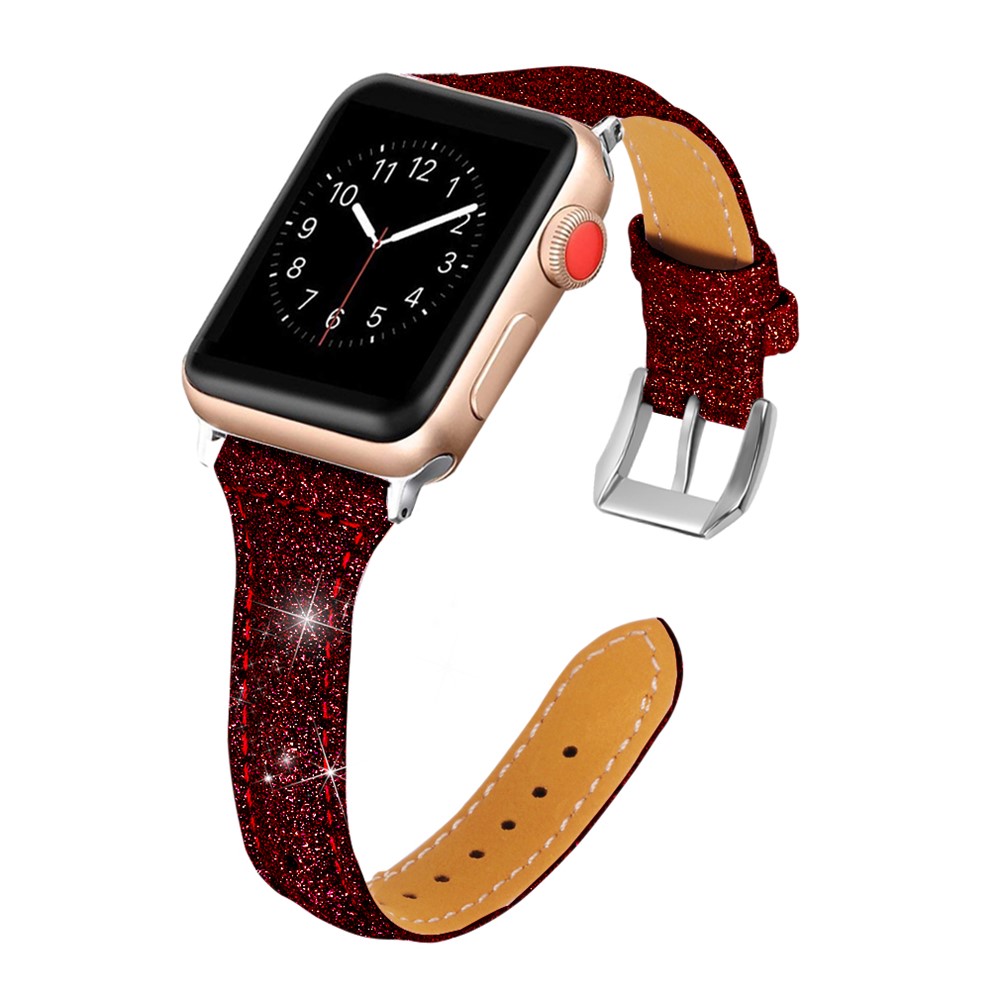 Glitter Powder Texture Genuine Leather Watch Strap Band for Apple Watch Series 4 44mm / Series 3 / 2 / 1 42mm - Red-2