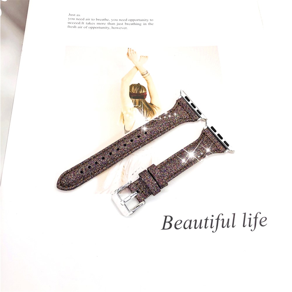 Glitter Powder Texture Genuine Leather Wristwatch Accessory Band for Apple Watch Series 4 44mm / Series 3 / 2 / 1 42mm - Coffee-1