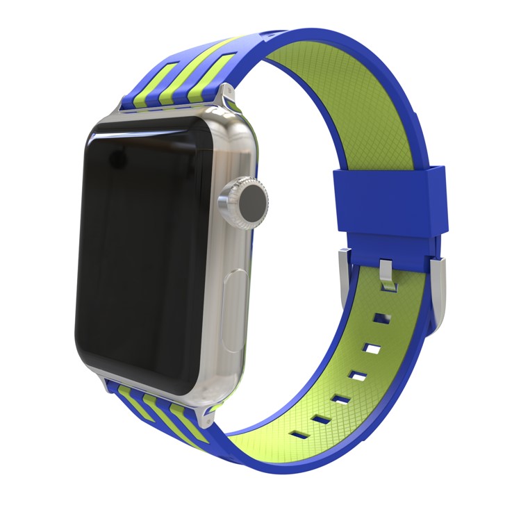 Contrast Color Stripe Flexible Silicone Watch Band Replacement for Apple Watch Series 4 44mm, Series 3 / 2 / 1 42mm - Blue Outer / Green Inside-1
