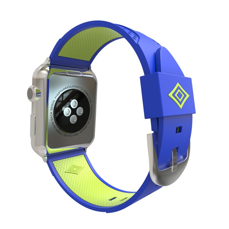 Contrast Color Stripe Flexible Silicone Watch Band Replacement for Apple Watch Series 4 44mm, Series 3 / 2 / 1 42mm - Blue Outer / Green Inside-2