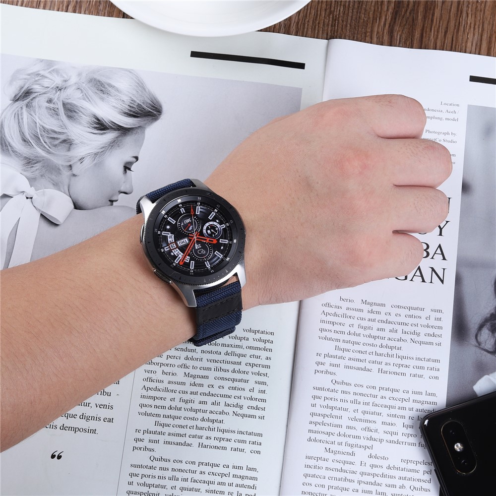 Nylon Universel 22mm + Bracelet En Cuir Véritable Pour Samsung Galaxy Watch 46mm Etc. - Bleu-4