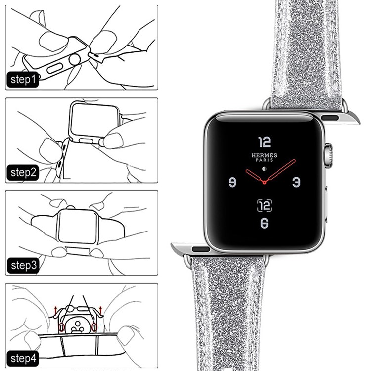 Glitter Powder PU Leather + Genuine Leather Watch Strap for Apple Watch Series 4 40mm, Series 3 / 2 / 1 38mm - Silver-2