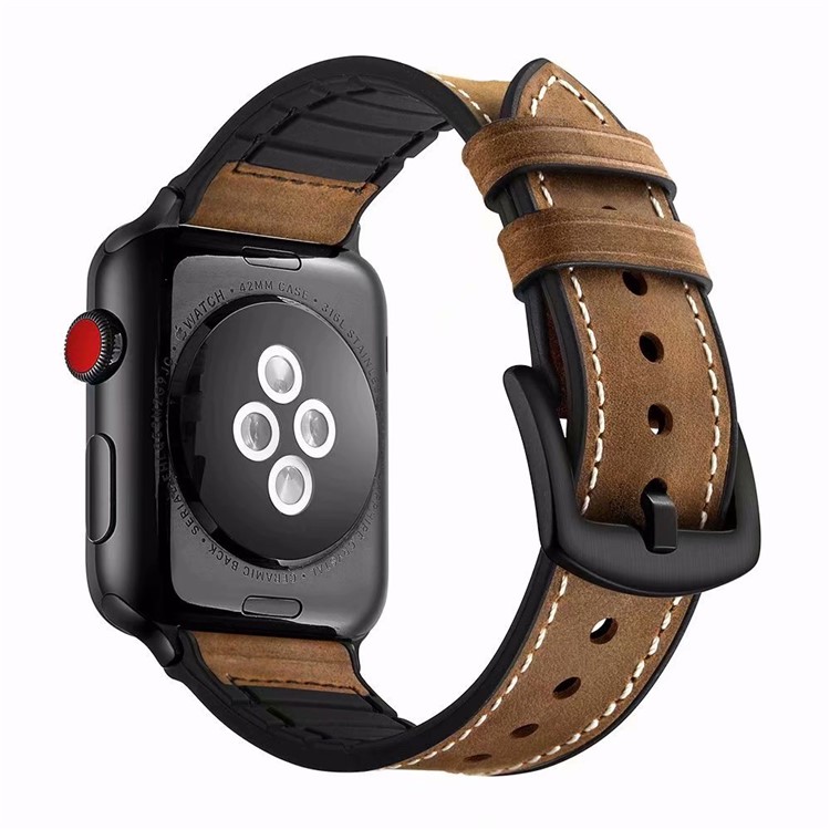 Cowhide Leather + Soft Silicone Watch Strap for Apple Watch Series 4 44mm, Series 3 / 2 / 1 42mm - Brown-2